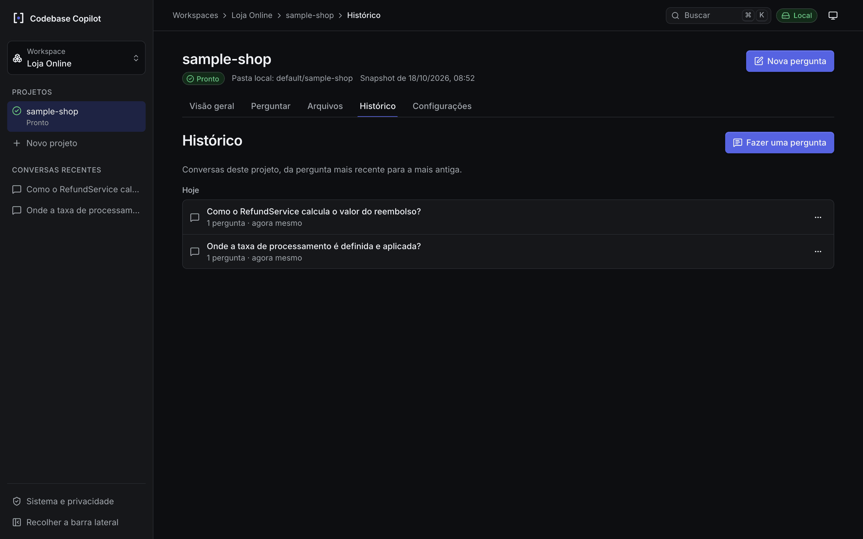 Tela de histórico: conversas do projeto, da pergunta mais recente para a mais antiga.