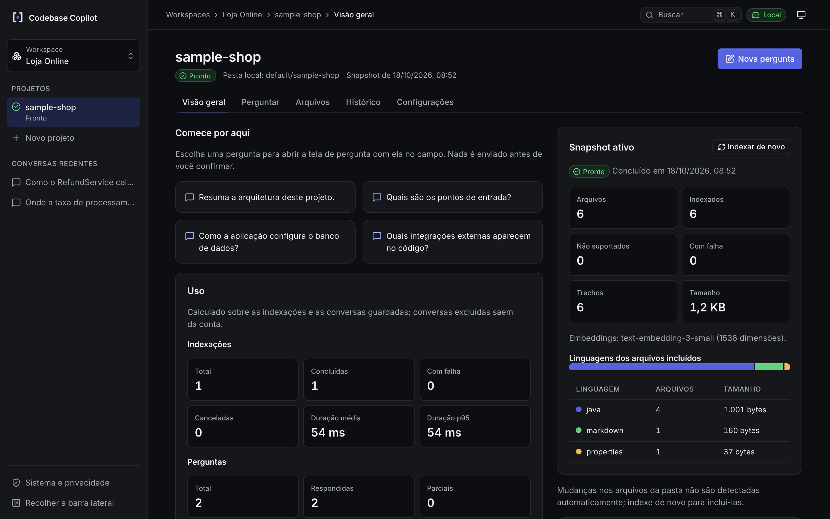 Visão geral do projeto: perguntas sugeridas, métricas de uso das indexações e o snapshot ativo com arquivos indexados e linguagens.
