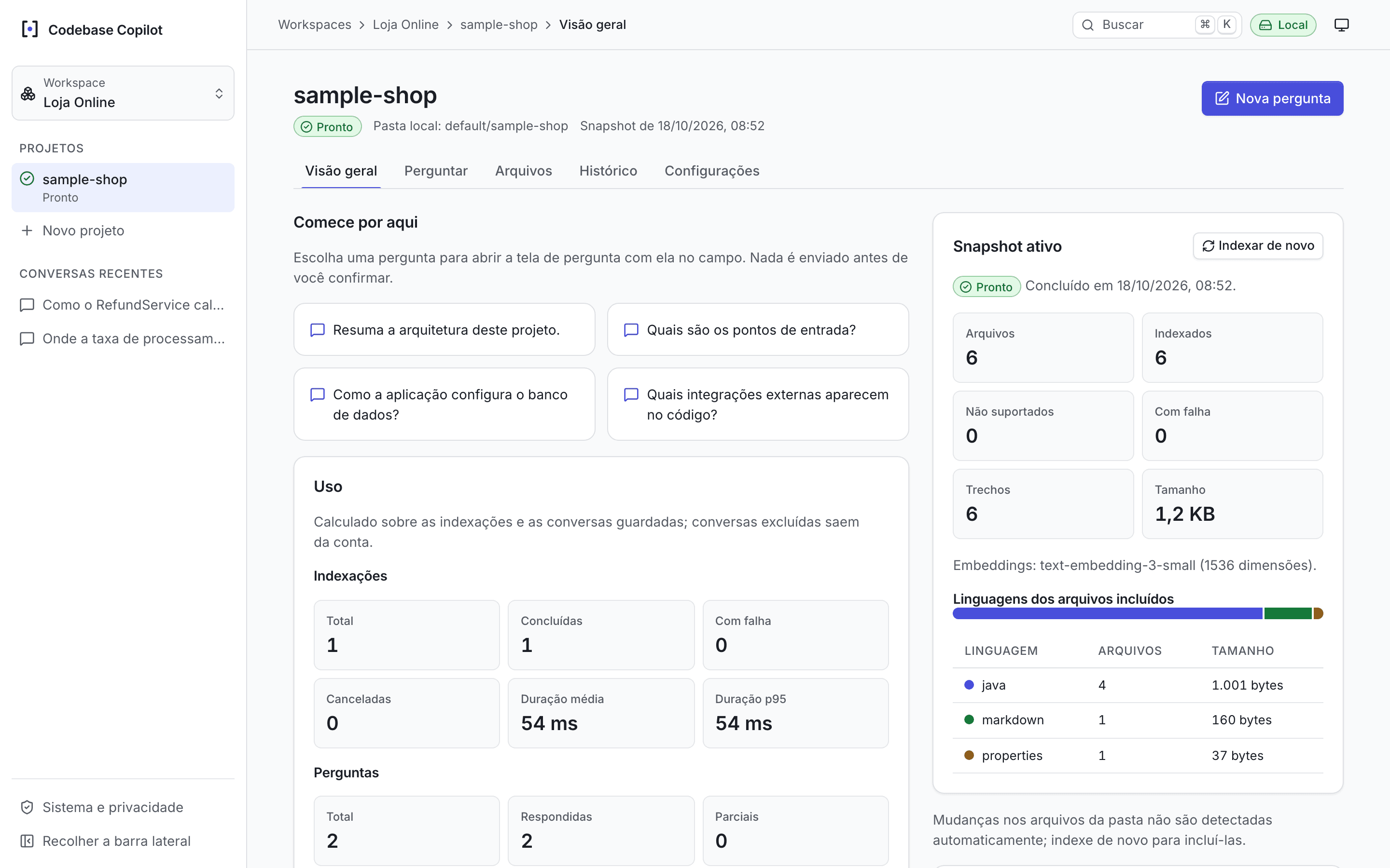 Visão geral do projeto: perguntas sugeridas, métricas de uso das indexações e o snapshot ativo com arquivos indexados e linguagens.