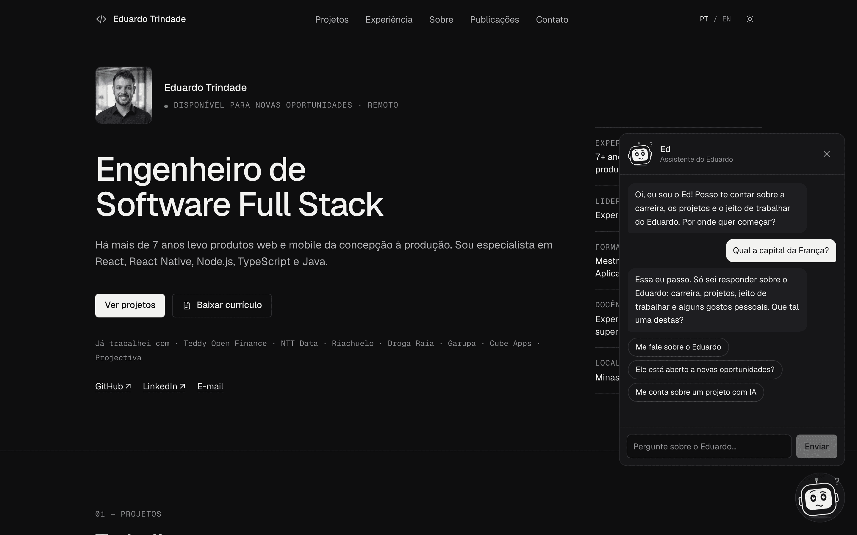 Chat do Ed confuso diante da pergunta sobre a capital da França, oferecendo perguntas sobre o Eduardo.