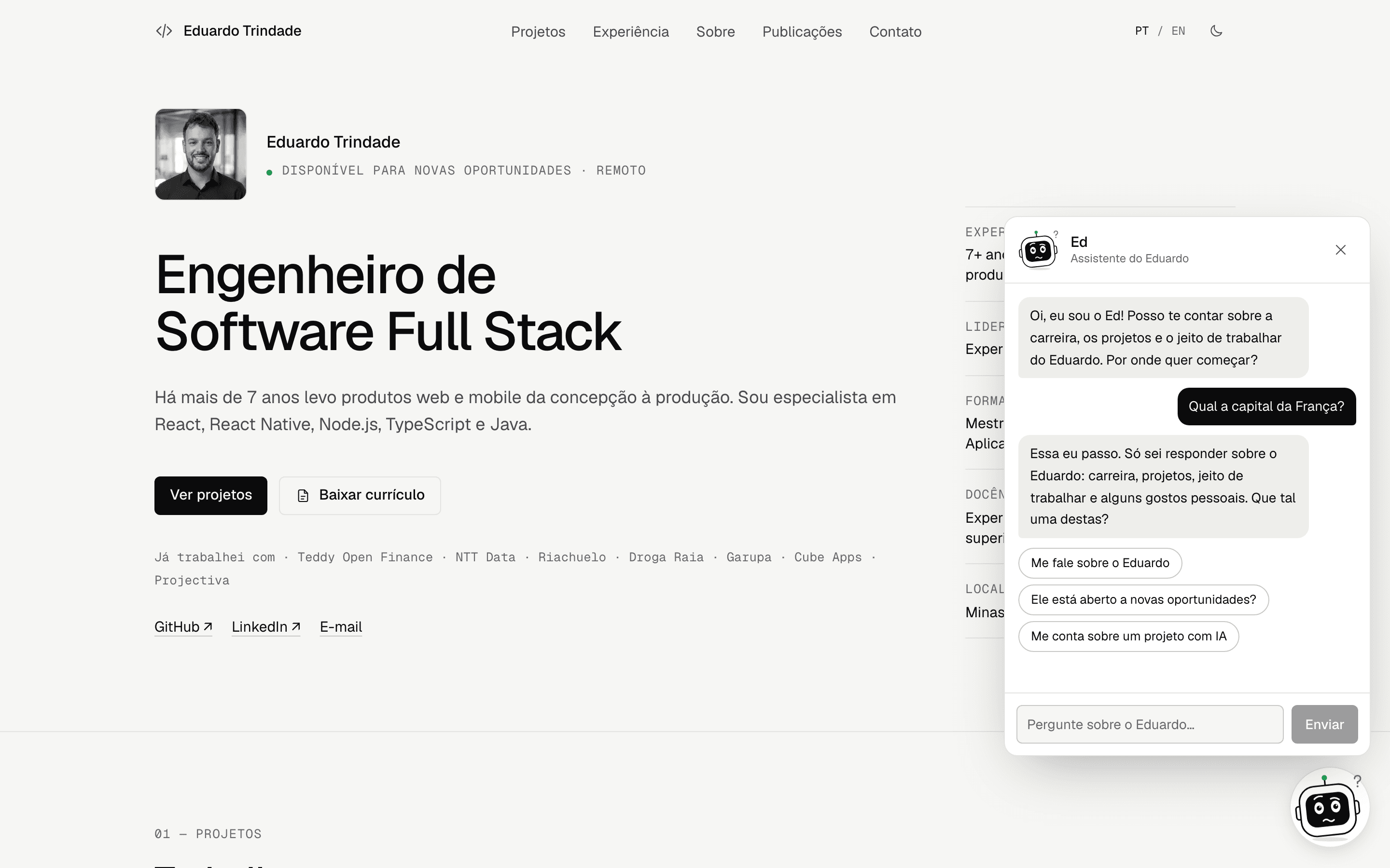 Chat do Ed confuso diante da pergunta sobre a capital da França, oferecendo perguntas sobre o Eduardo.