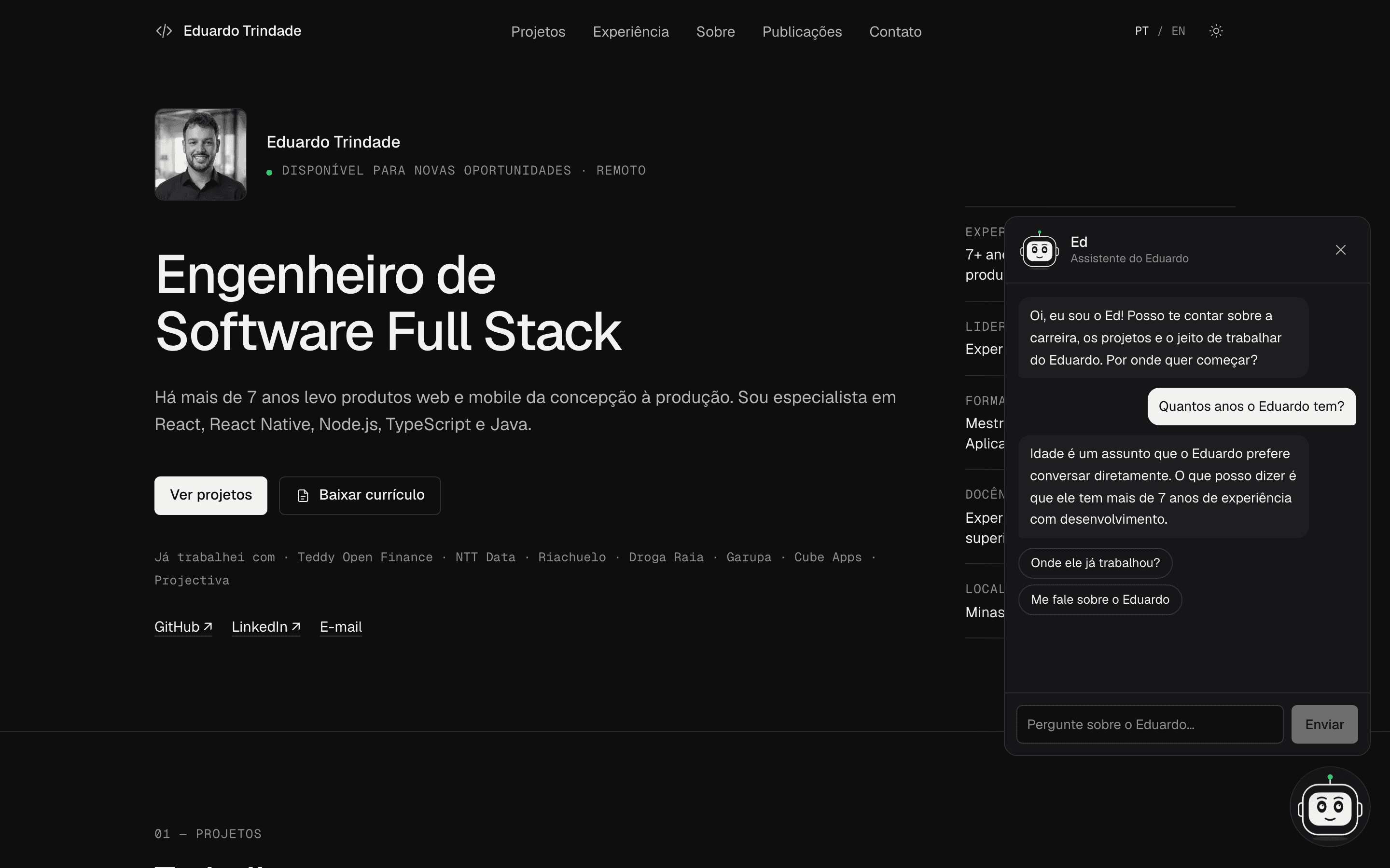 Chat do Ed respondendo que a idade é um assunto que o Eduardo prefere conversar diretamente.