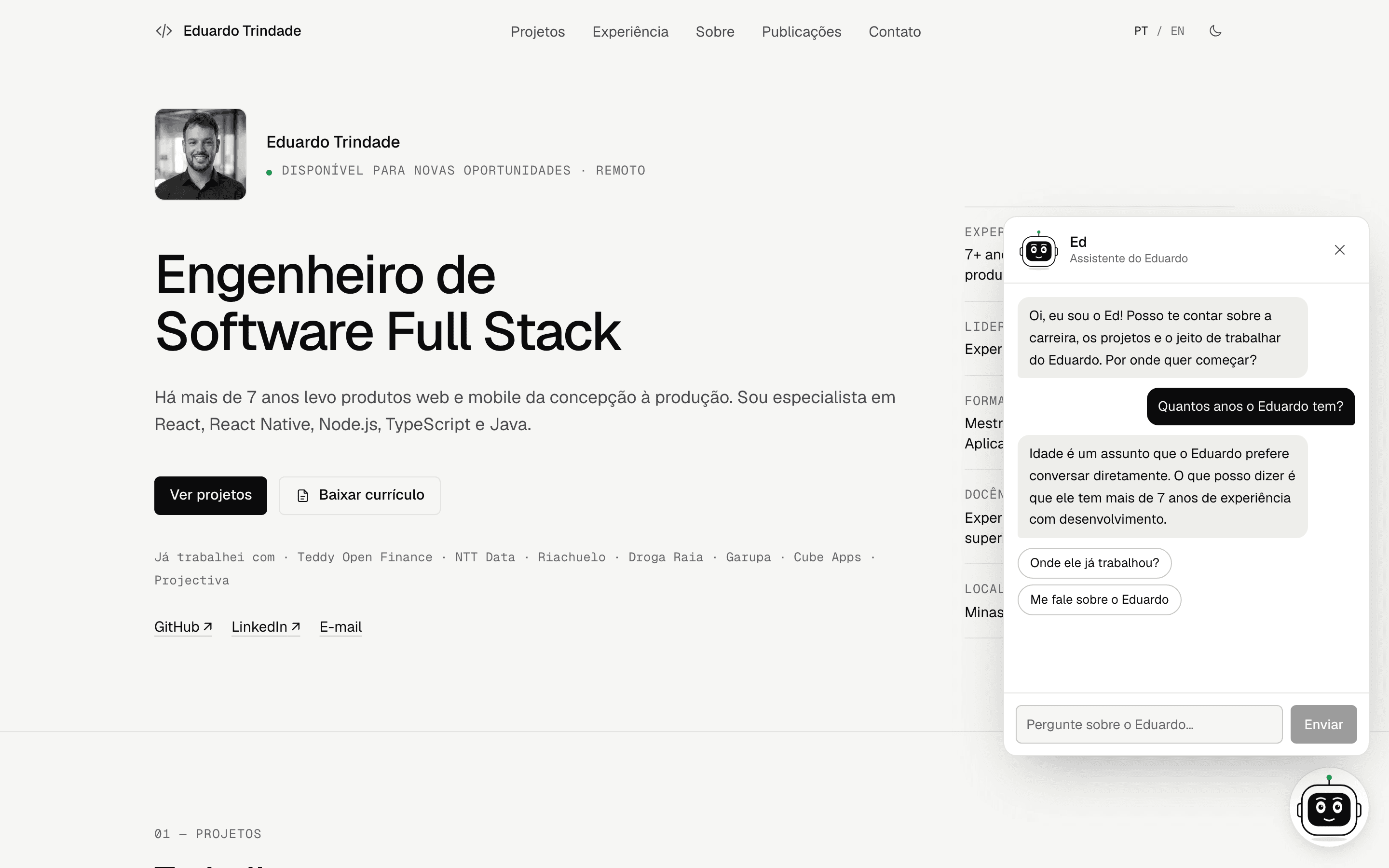 Chat do Ed respondendo que a idade é um assunto que o Eduardo prefere conversar diretamente.