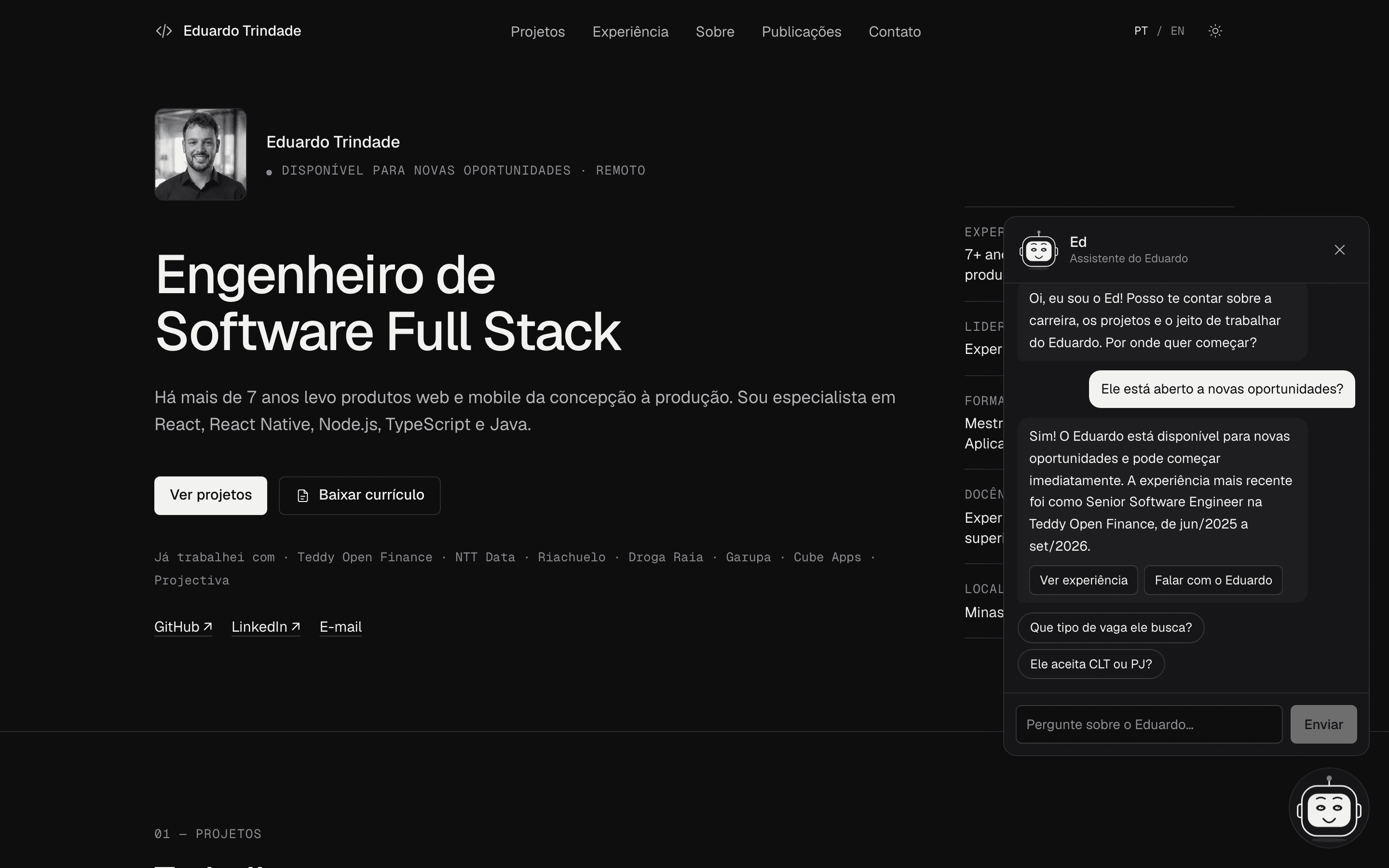 Chat do Ed aberto no canto da página: a pergunta sobre disponibilidade, a resposta com a última experiência e os botões Ver experiência e Falar com o Eduardo.