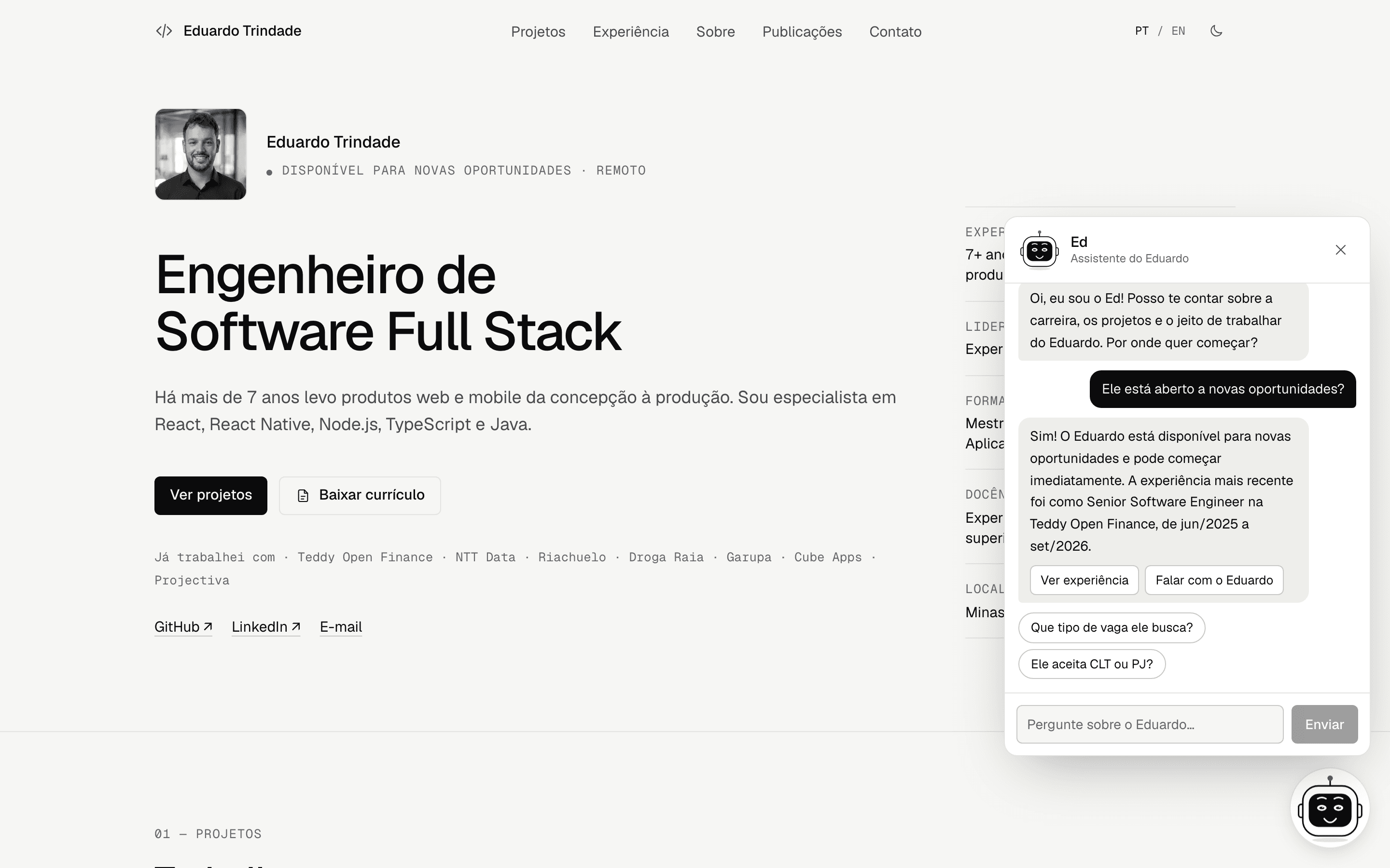 Chat do Ed aberto no canto da página: a pergunta sobre disponibilidade, a resposta com a última experiência e os botões Ver experiência e Falar com o Eduardo.